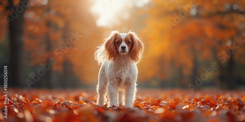 Fototapeta Naklejka Na Ścianę i Meble -  White Chinese crested breed with colorful red hair in a fall park setting, highlighting seasonal outdoor scenery