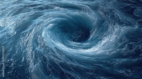 Fototapeta Naklejka Na Ścianę i Meble -  A swirling blue vortex of water forms dynamic ripples across the ocean surface.
