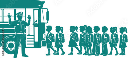 Teal silhouette of school bus driver waving to children in line with backpacks kids