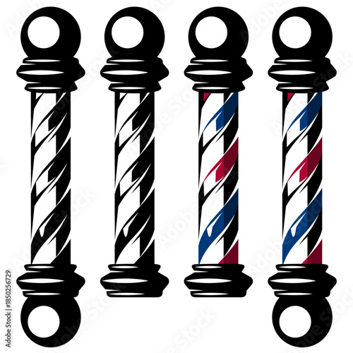 Set of four barber poles, two in black and white and two in traditional red, white, and blue stripes for barbershop signs.