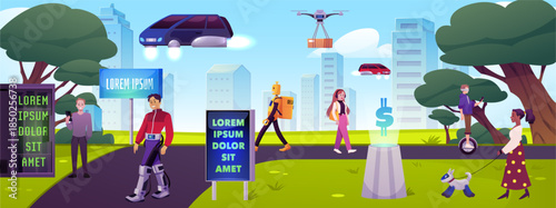 Smart city vector flat illustration, people and robotic dog, robot and quadcopter delivers post package, flying cars