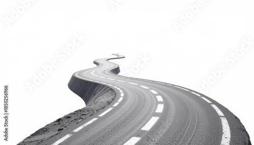 Curving Asphalt Road with White Background and Minimalistic Design for Transportation and Journey Themes