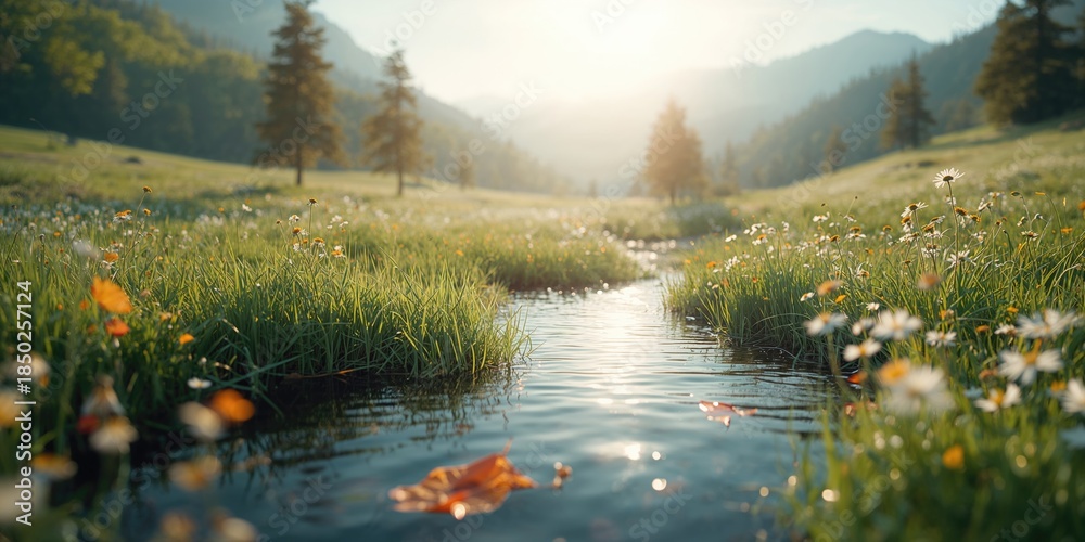 Fototapeta premium Mountain stream illuminated by sunlight with shimmering surface, suitable as background for outdoor layouts, Earth Day