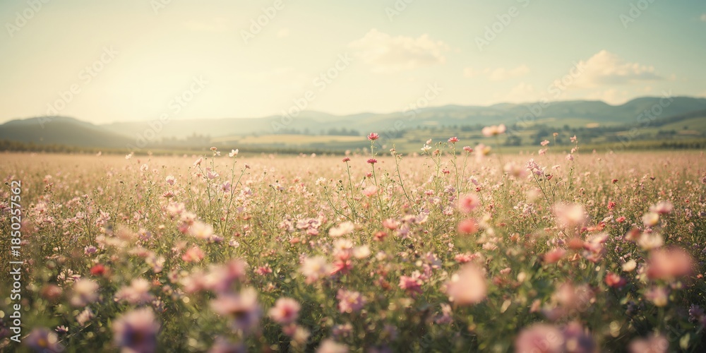 Fototapeta premium Colorful flower field backdrop used in editorial layouts, spring seasonal change
