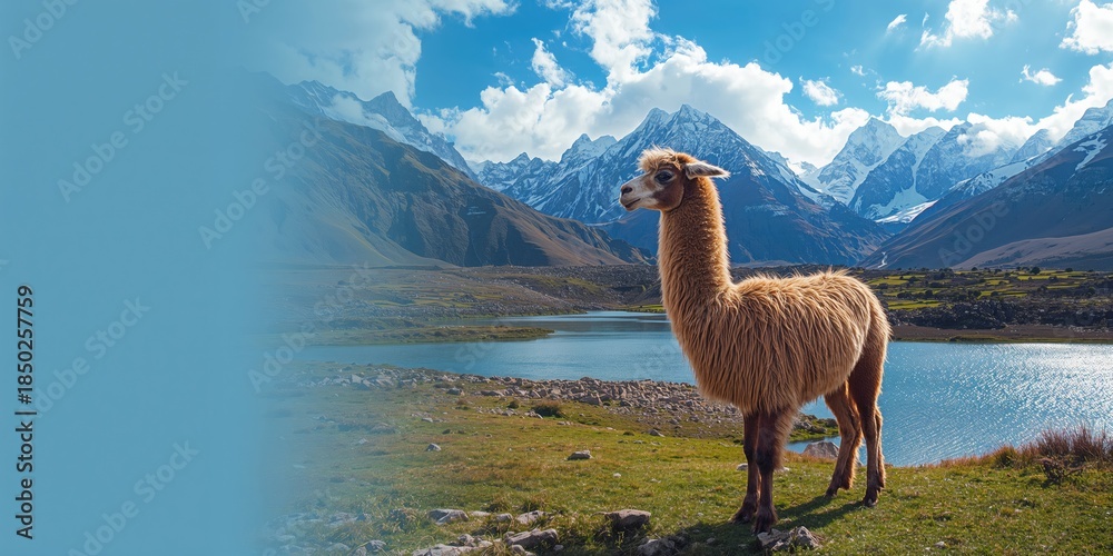 Fototapeta premium Hiking route through mountain landscape featuring wild camelids, suitable for nature exploration