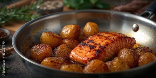 Pan-fried salmon steaks and...