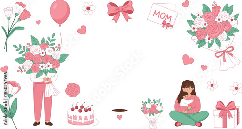 Hand drawn Mother's Day vector illustration set featuring floral bouquets hearts gift boxes and pink balloons for spring holiday greeting cards and celebration branding