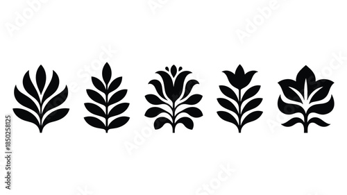Five Black Silhouette Decorative Floral and Leaf Motifs on White Background vector illustration