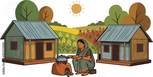 Flat illustration of woman in saree cooking on clay stove in village with houses, fields and traditional rural setting