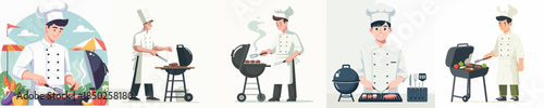 vector of handsome chef grilling meat