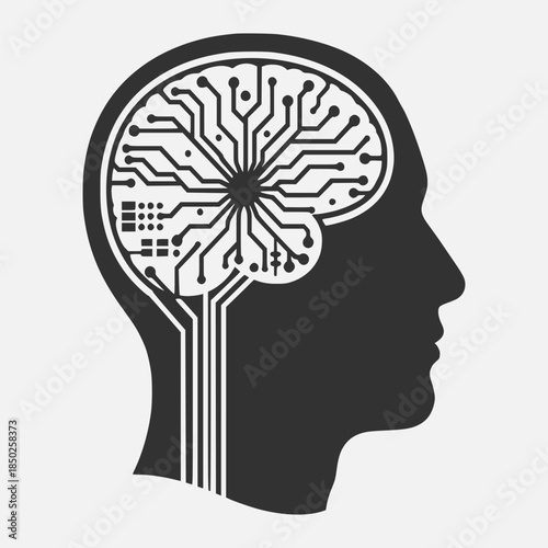 Silhouette of a human head with a circuit board brain, symbolizing artificial intelligence and technological advancement