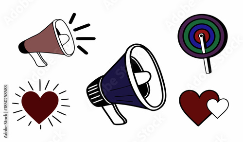 Illustration of megaphones and hearts representing loud love messages in a digital artwork