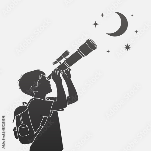 A young explorer gazes at the moon and stars through a telescope on a clear night