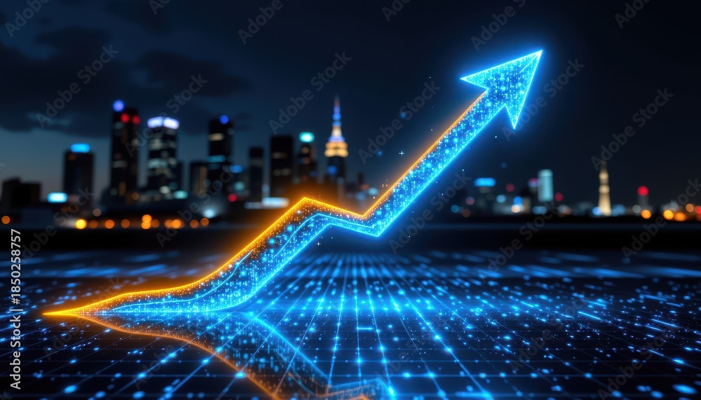 Fototapeta premium Futuristic Data Visualization of Economic Growth with Neon Graph Against Modern City Skyline at Night