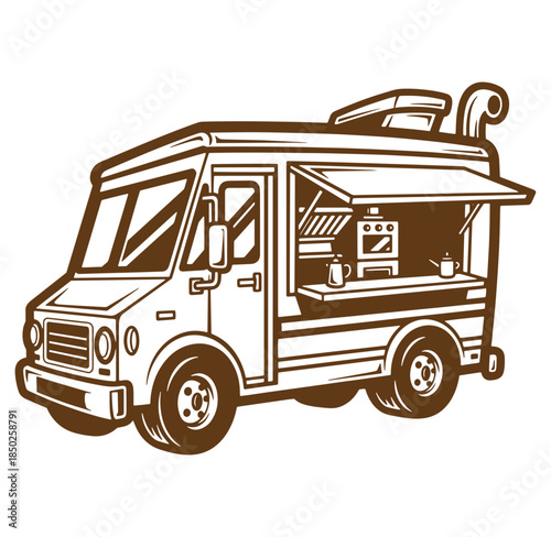 Vintage illustration of a food truck serving coffee and drinks with detailed outline