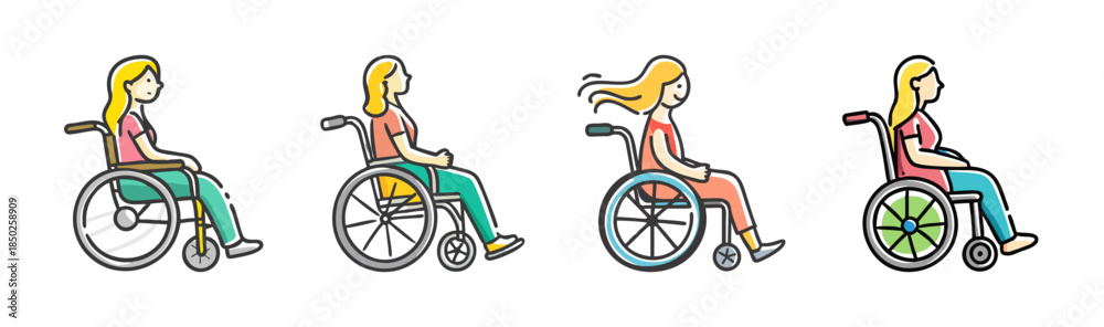Fototapeta premium Four cartoon women sitting in wheelchairs, diverse poses, isolated on white.