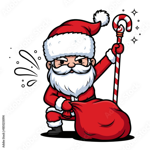 Cool cartoon santa claus holding heavy sack and candy cane