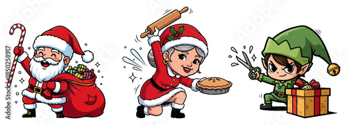 Cute christmas character set with santa mrs claus and elf