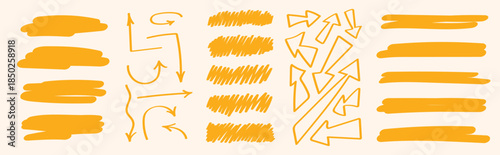 Hand drawn yellow marker strokes and arrows set for highlights, navigation cues, notes and creative layouts