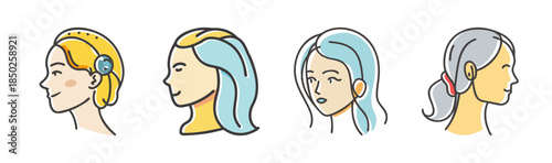 Diverse women's head profiles with varied hairstyles and accessories