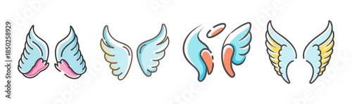 Assorted pairs of stylized wings in blue, pink, and yellow hues