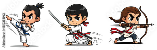 Cute chibi martial arts warriors performing karate sword and archery moves