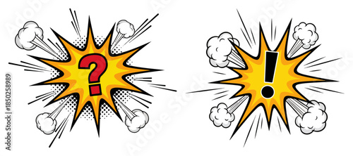 Comic book speech bubbles with question and exclamation marks in pop art style