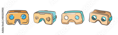 Set of four cartoon virtual reality cardboard headset icons on white background