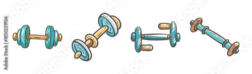 Collection of four vintage cartoon barbells and dumbbells on white background