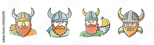 Four cartoon Viking warrior icons with horned helmets on white background