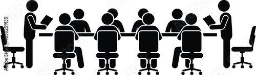 Business meeting conference discussion teamwork silhouette CAD drawing flat vector illustration for office corporate communication stock