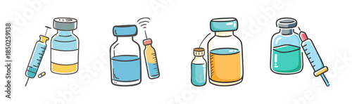 Collection of four hand-drawn vaccine vials and syringes with pills.
