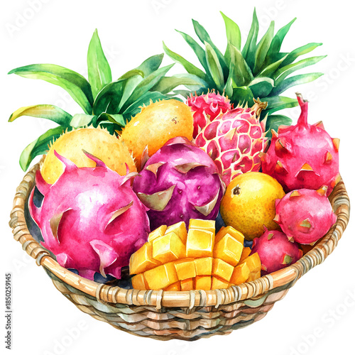 A variety of tropical fruits in a woven basket, with dragon fruit as the main fruit. 2D watercolor painting separated on a transparent background.