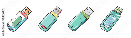 Four hand-drawn USB flash drive icons in various colors and styles.