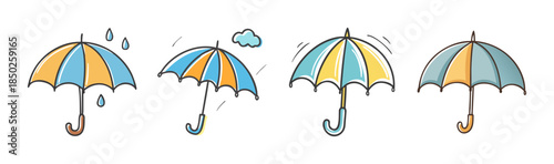 Set of colorful, hand-drawn umbrellas protecting from rain and wind