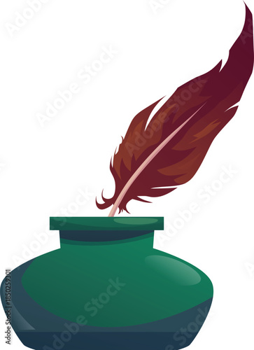 Vintage quill feather ink writing pen and inkwell flat vector icon, cartoon antique green jar with feather isolated