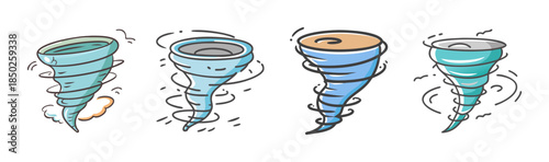 Four cartoon tornado icons, swirling wind, storm, natural disaster, weather, vector illustration