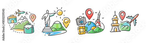 Travel icons including landmarks, suitcase, airplane, and map pins, tourism concept