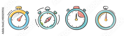 Collection of cartoon stopwatch icons for timing and speed measurement
