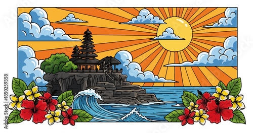Tropical landscape with bali temple at sunrise and hibiscus flowers