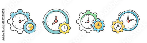Icons representing time management with gears and clocks for efficiency
