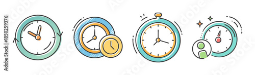 Collection of stylized clock and stopwatch icons representing time management