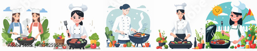 female chef vector grilling meat