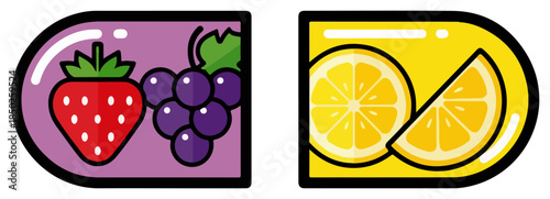 Modern fruit icon set with strawberry grape and lemon slices
