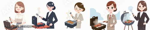 vector of female secretary grilling meat