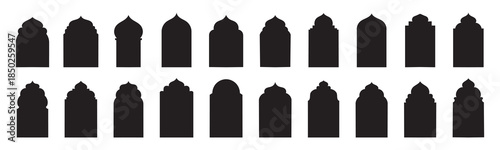 Set of Islamic shape window frame in flat style . Collection of oriental style Islamic ramadan kareem and eid mubarak windows and arches with modern style design, door mosque, mosque dome .