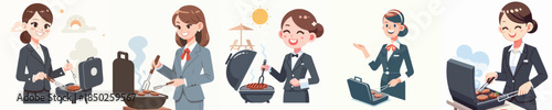 vector of female secretary grilling meat