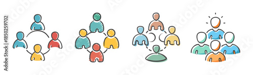 Team and group icons: people in circles, network, and leadership formation