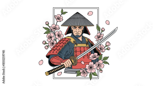 Traditional Japanese samurai warrior standing with a katana sword, wearing intricate armor and a straw hat, surrounded by beautiful pink cherry blossoms in spring.