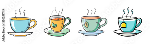 Four steaming cups of tea on saucers, offering a warm and inviting beverage experience.